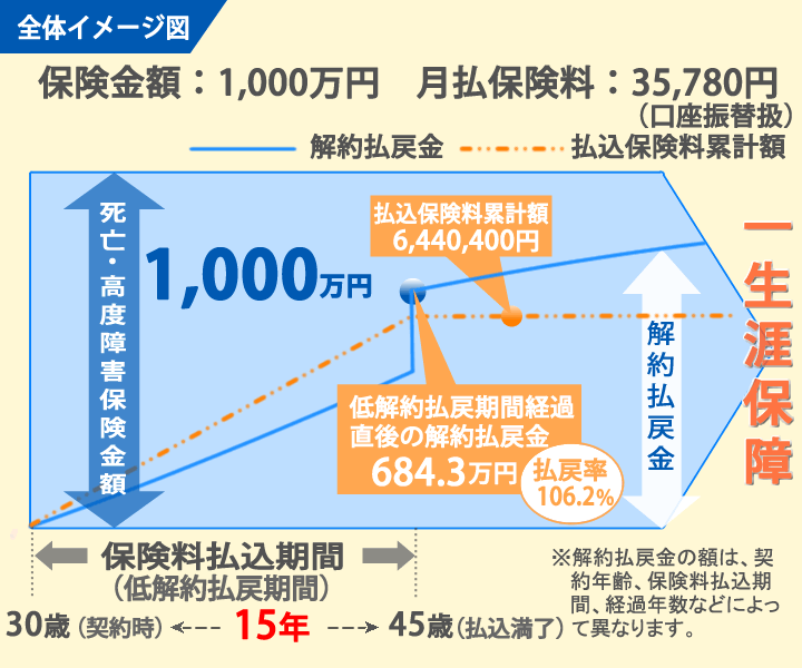 終身保険ライズ1000万円15年払済全体イメージ図