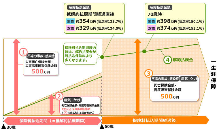 終身保険エンキャン[Yen Can]60歳払済コース保障内容・解約払戻金額イメージ図